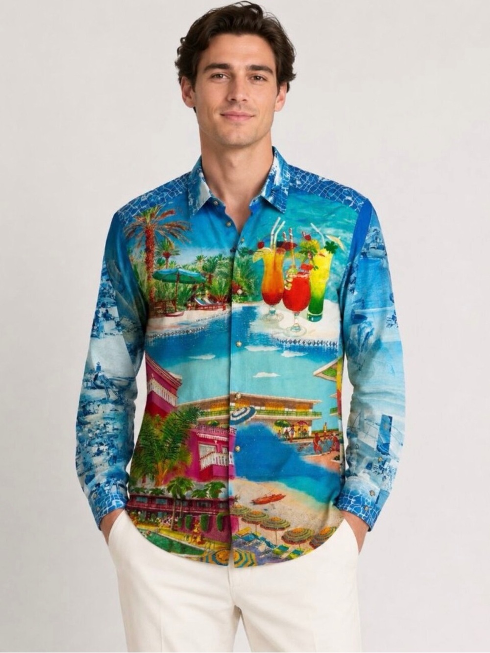Robert Graham Blue Multi Tropical Cocktail Print Button-Down Shirt